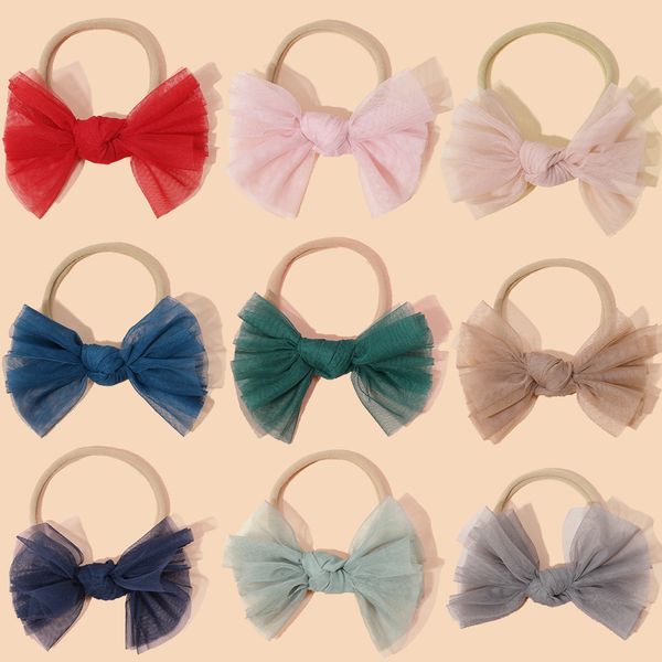 

new 4inch lace bows nylon baby elastic headband girls solid color hair bow nylon headband kids hair clips barrettes, Slivery;white