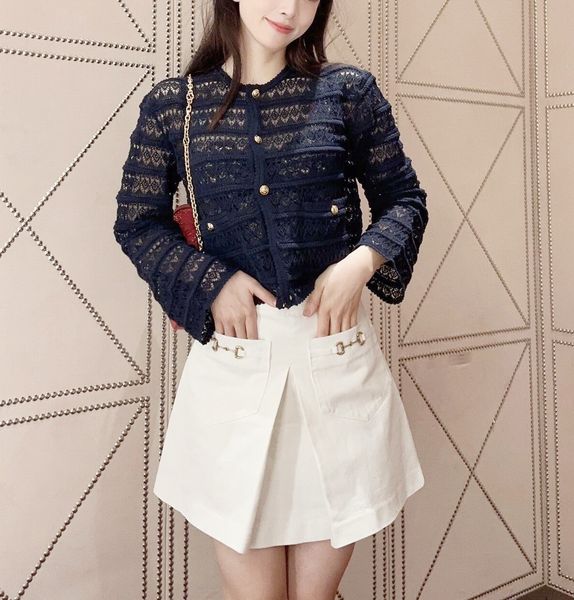 

women's sweater european fashion brand hollow out deep blue cardigan, White;black