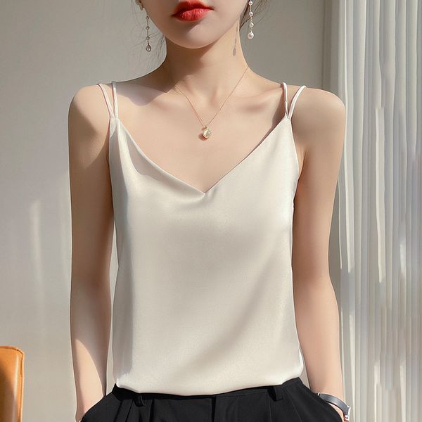 

Summer simulation silk backless double shoulder suspender tank top with a feminine feel and a loose and slim satin top paired with a suit, Gray