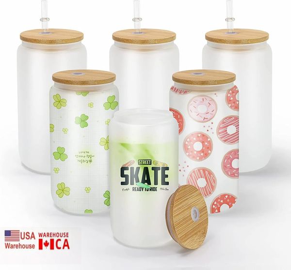 

usa/ca local warehouse sublimation tumblers 16oz glass cans with bamboo lids and reusable straw beer mugs transparent frosted tumbler soda c