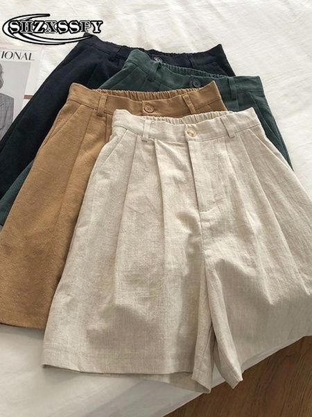 

shorts five point shorts women high waist cotton linen solid loose women sport shorts casual elastic waist women's summer breeches, White;black