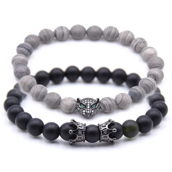 

fancy design colorful natural stone leopard head charm bracelets handmade 8mm agate bracelet, Black
