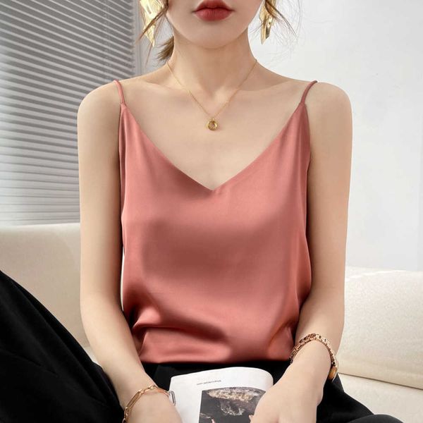 

2023 new silk satin suspended tank women's one shoulder outer wear solid color suspended shirt women's underwear, White