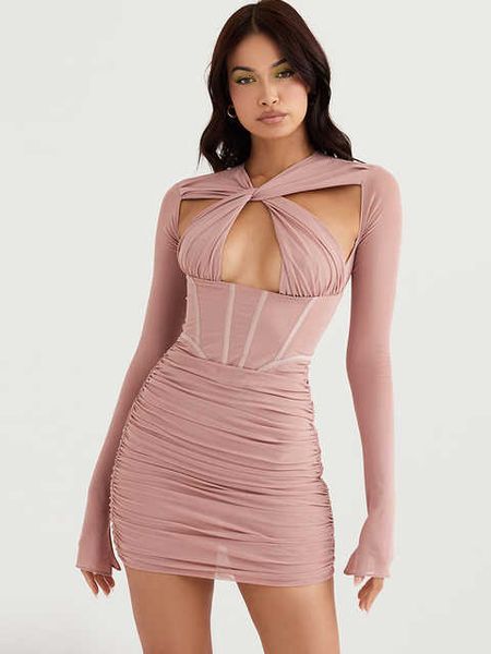 

pink mesh ruched bodycon corset dresses for women summer long sleeve club party clothing lovely dates outfits vestidos, Black;gray