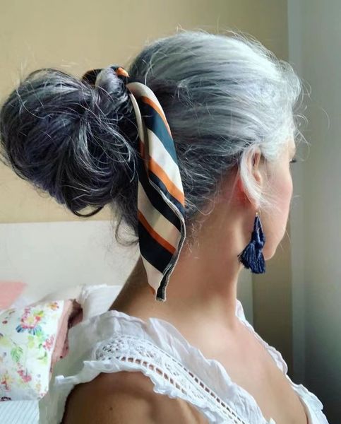 

diva1 salt and pepper silver grey ponytail human hairpiece women hair extension drawstring clip ins high er bun pony tail grayed women siste, Black