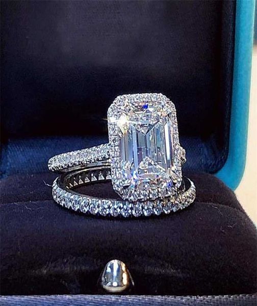 

emerald cut 2ct lab diamond ring bridal sets real 925 sterling silverengagement wedding band rings for women gem jewelry 2201221659582, Slivery;golden