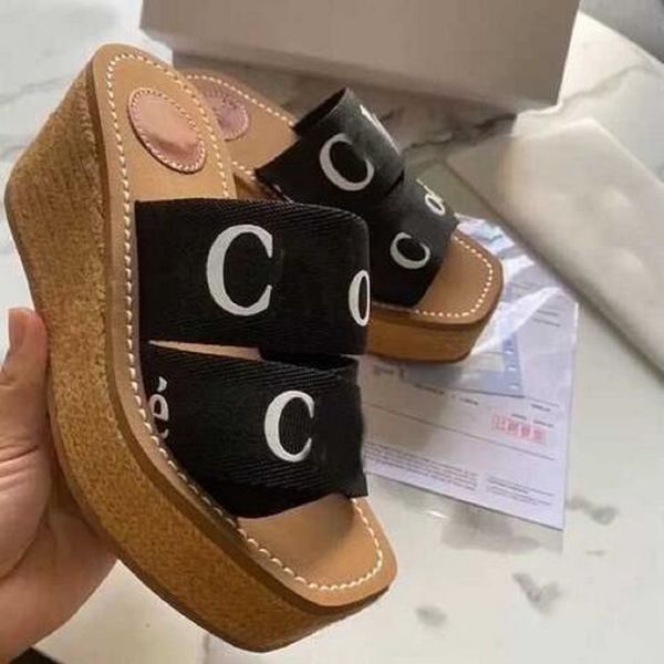 

eur35-40 summer women's woody sandals letter print canvas espadrille platform slides cross weave comfortable wedges slipper eu35-42, Black