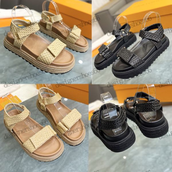 

new brand womens designer sandals flat sandals raffian sandals 23ss summer flat sandal upper with signature logo trending holiday sandale ru, Black