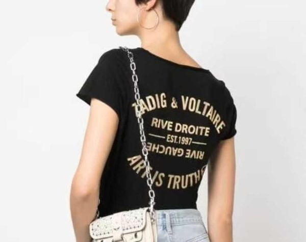 

23ss zadig voltaire summer cotton new designer t shirt back classic letter gold plated u-neck women black short sleeve fashion, White