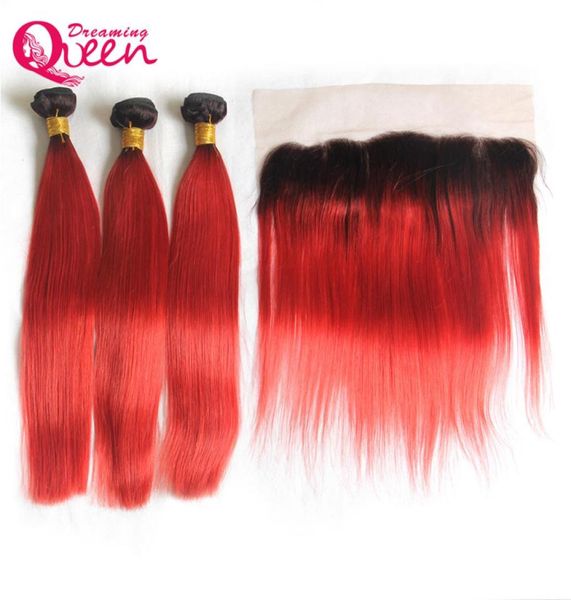 

t1b red straight ombre brazilian virgin human hair weaves 3 bundles with 13x4 ear to ear lace frontal closure with baby hair bleac3090828, Black;brown