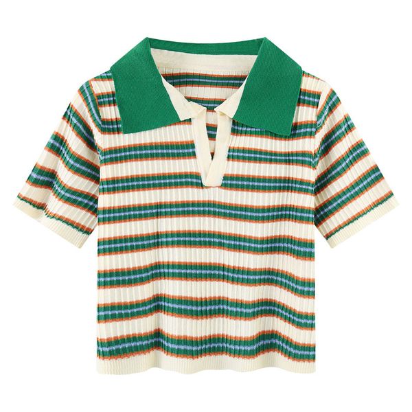 

516 l 2023 summer sweaters women's pullover sweater white striped lapel neck short sleeve brand same style women's xiurong, White;black