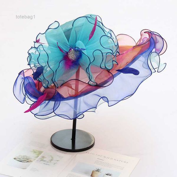 

2023 broad brim hat women's new sunscreen hat fashion crystal flower women's summer mesh sunshade 5 7q2e, Blue;gray