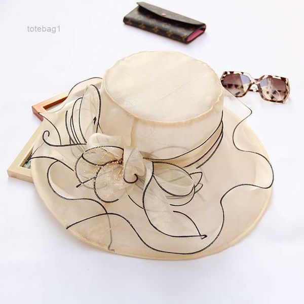 

2023 wide brim hats for women summer korean flower mesh sunshade hat beach sunscreen organza sun cap 6 e211, Blue;gray