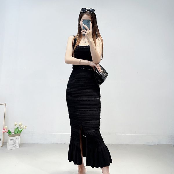 

casual dresses new s-andro black lace knit short strap skirt set, Black;gray