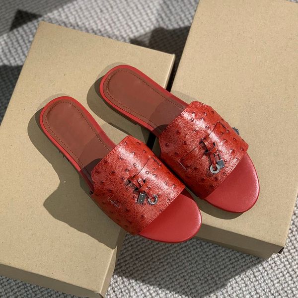 

summer charms ostrich slides mules loro piana slippers sandals red genuine leather open toe flat heels womens luxury designers fashion botto, Black