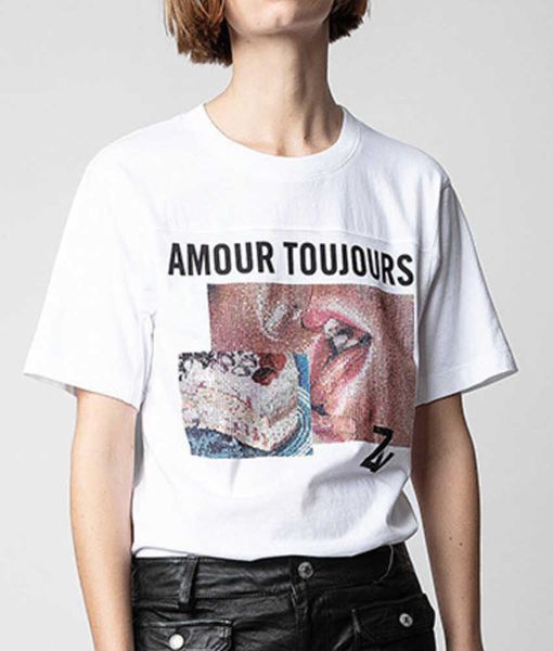 

zadig voltaire 23ss summer cotton new designer t shirt tongue kiss cake white ink digital printing diamond loose fashion women short sleeve
