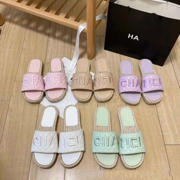 

designer slides sandals braid straw sole beach slippers women classic flats thick bottom heel summer lazy flip flops quilted leather lady sh, Black