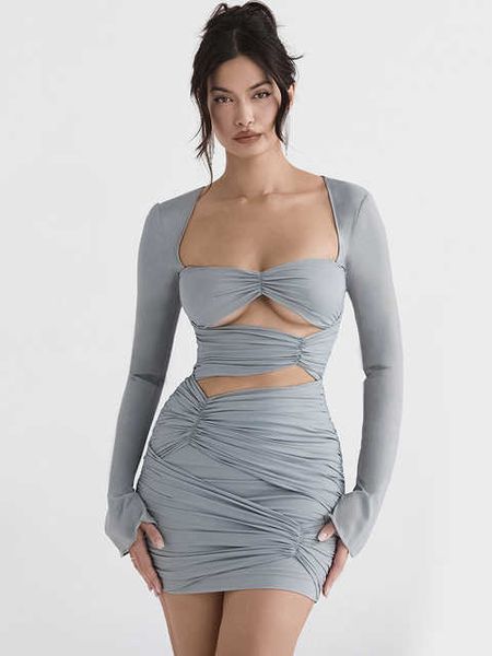

mesh long sleeve cut out ruched bodycon mini dresses for women 2023 rave outfits clothing night club party dress, Black;gray