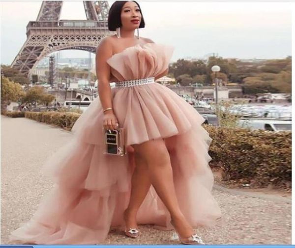 

dusty pink high low prom dresses strapless ruched tulle with belt homecoming dress plus size girls party skirts4917844, Red