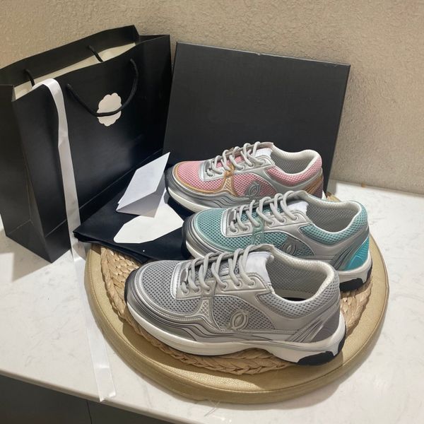 

channel shoes womens 2023 metallic silver gold sneaker mesh lace up platform shoes white grey casual runner classic leather trainer 23c snea