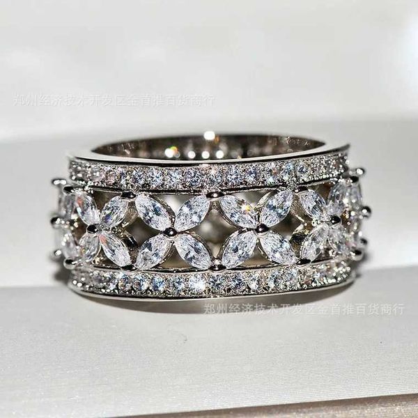 

designer new tiffay 925 sterling silver luxury set high carbon diamond ring with hollow carved flower for men and women