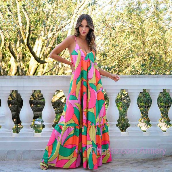 

2023 plus size 3xl summer dress designer dress women fashion deep v-neck halter backless maxi dress floral strap long skirt dresses for woma, Black;gray