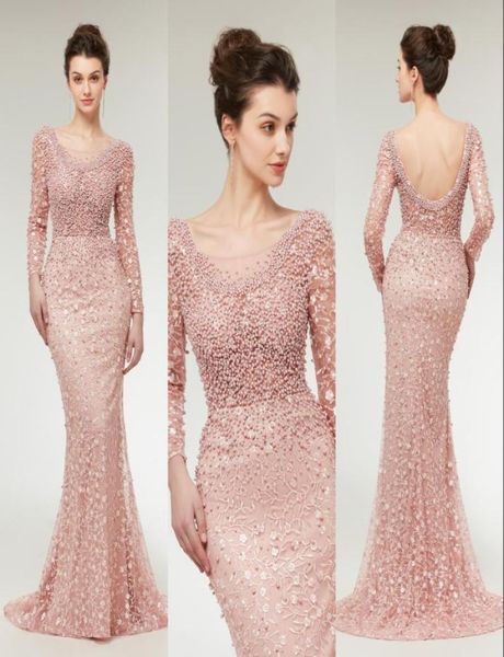 

2019 new real image pink evening dresses wear sheer neck long sleeves beaded pearls backless long elegant formal party dress prom 8452150, Black;red