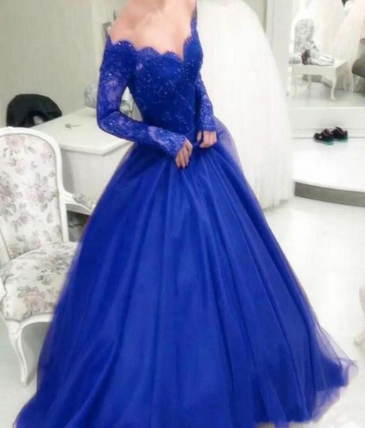 

royal blue beads tulle evening dresses 2019 illusion lace long sleeve formal party gowns v neck prom dresses long quinceanera2088348, Black;red