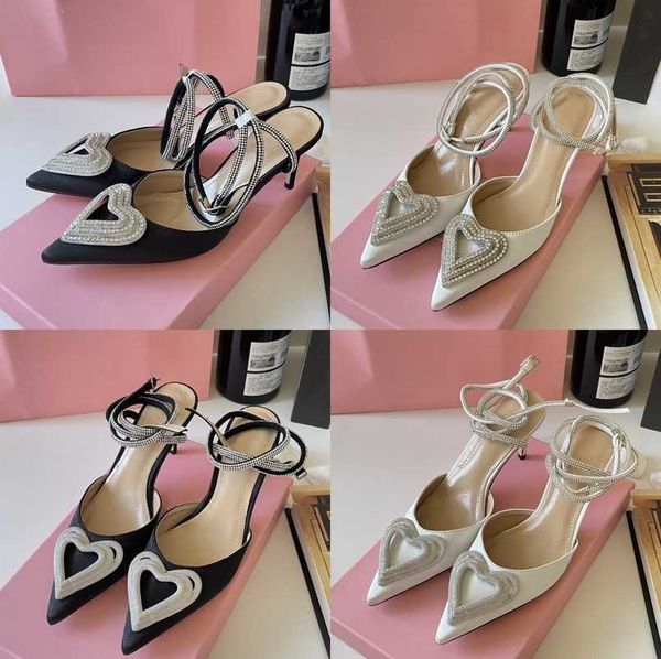 

2023 sandal mach satin pumps crystal embellished rhinestone heart evening shoes stiletto 9cm heels women heeled luxury designer ankle strap, Black