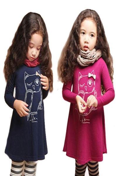 

girls dress full sleeve owl kids for girls cotton dresses7276990, Red;yellow