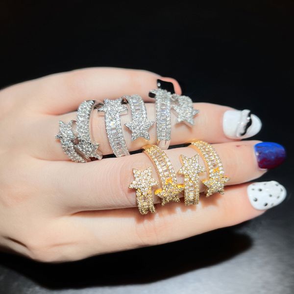 

fashion cubic zircon double star opening ring iced out bling cz paved couple wedding rings for women man jewelry gift, Silver