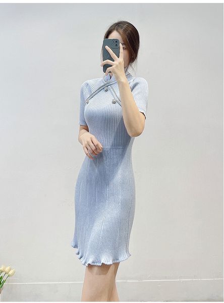 

casual dresses s-elf portrait cheongsam collar rhinestone blue knit dress wrapped hip skirt, Black;gray