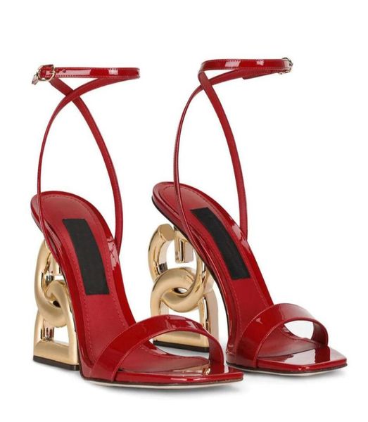 

famous summer brand sandals shoes women polished calfskin dshaped heel patent leather lady goldplated carbon gladiator sandalias7680190, Black