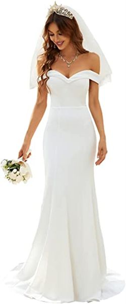 

women' off-shoulder mermaid sweep train long wedding dresses for bride, White