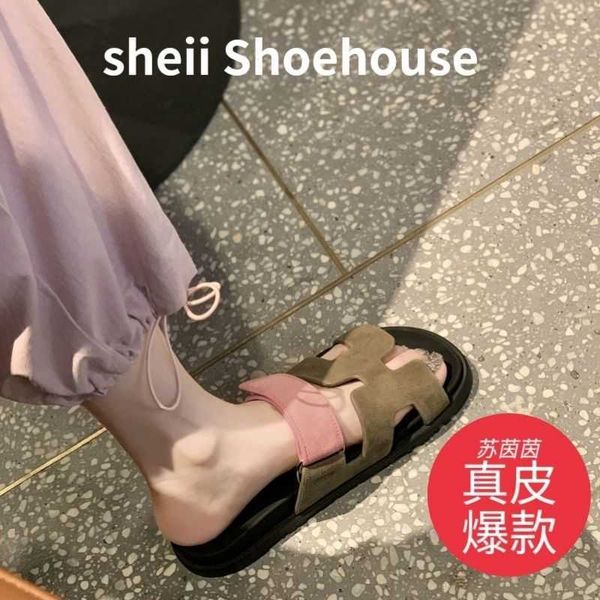 

h sandales super uncle~genuine leather mesh red cool slippers thick sole h slippers for female outwear, Black