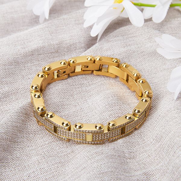 

european and american full diamond steel band ins style hip-hop bracelet 316l geometric punk stone inlaid cuban bracelet, Golden;silver
