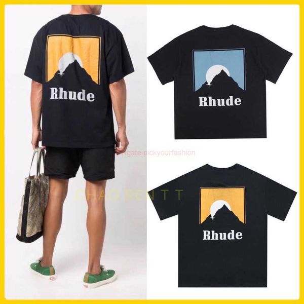 

designer fashion clothing tees tshirt rhude 22x summer classic snow mountain sunset theme printed round neck loose casual short sleeve tshir, White;black