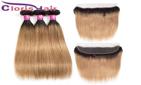 

honey blonde ombre 13x4 lace frontal closure with bundles colored 1b 27 raw virgin indian straight human hair weaves and ful1157962, Black;brown