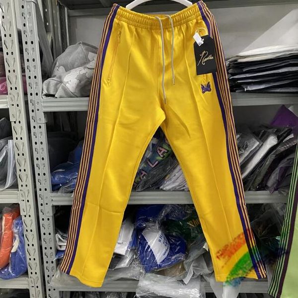 

yellow track pants men women knitted purple stripe trousers, Black