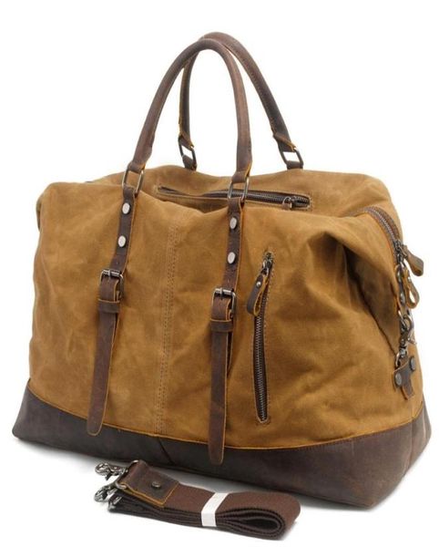 

vintage waxed canvas men travel duffel large capacity oiled leather weekend bag basic holdall tote overnight bags8737033