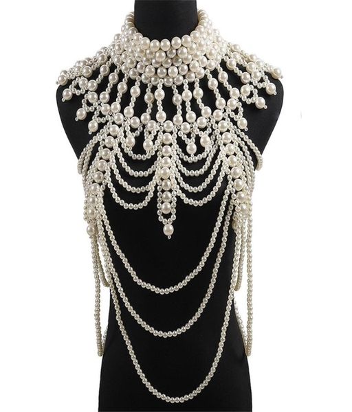 

retro advanced pearls crystal body jewelry chain sexyhandmade beaded women bridal wedding dress large necklace jewelry accessor 223368627, Golden;silver