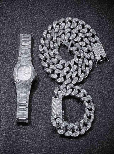 

watch necklace bracelet hiphop curb cuban chain gold iced out miami paved rhinestones cz bling rapper for men party jewelry gift x3846413, Black