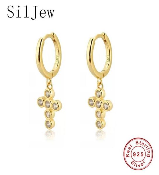 

hoop huggie siljew 925 sterling silver dangling cross earrings cubic zirconia jeweled various pendant drop dangle gift7799510, Golden;silver