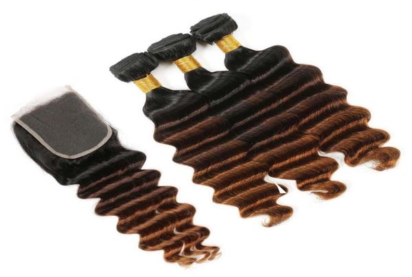 

black brown auburn 3tone ombre peruvian virgin human hair weave bundles with closure 1b430 auburn ombre deep wave 4x4 lace clos1280132