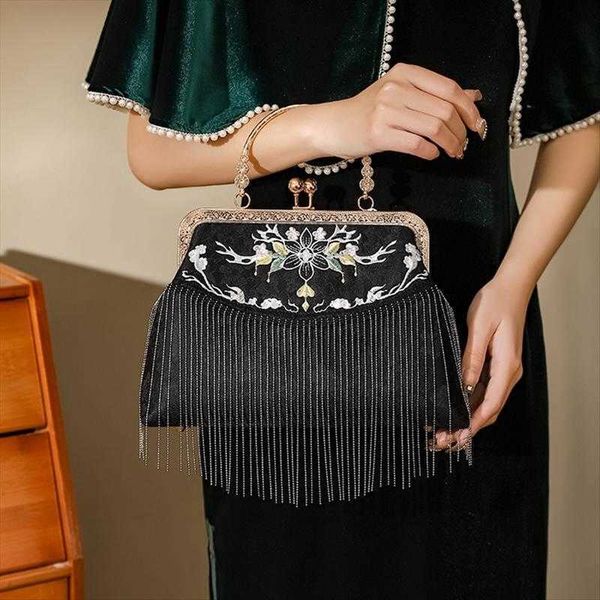 

ancient style womens bag handmade kisslock cheongsam handbag crossbody dinner chinese republic of china black tassel