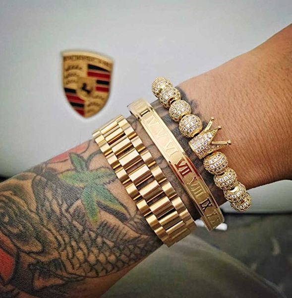 

charm bracelets 3pcs/set imperial crown king mens bracelet pave cz gold bracelets for men luxury charm fashion cuff bangle birthday jewelry, Golden;silver
