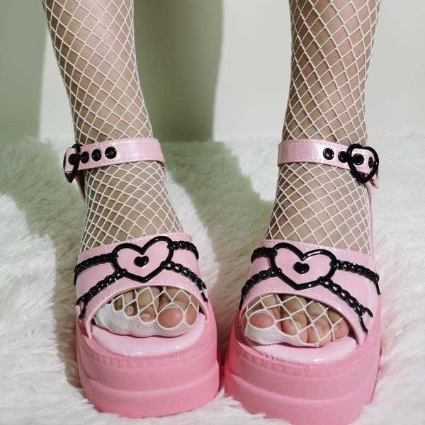 

sandals ins brand heart buckle peep toe womens punk goth platform shoes fashion cool casual comfy leisure summer 230417, Black