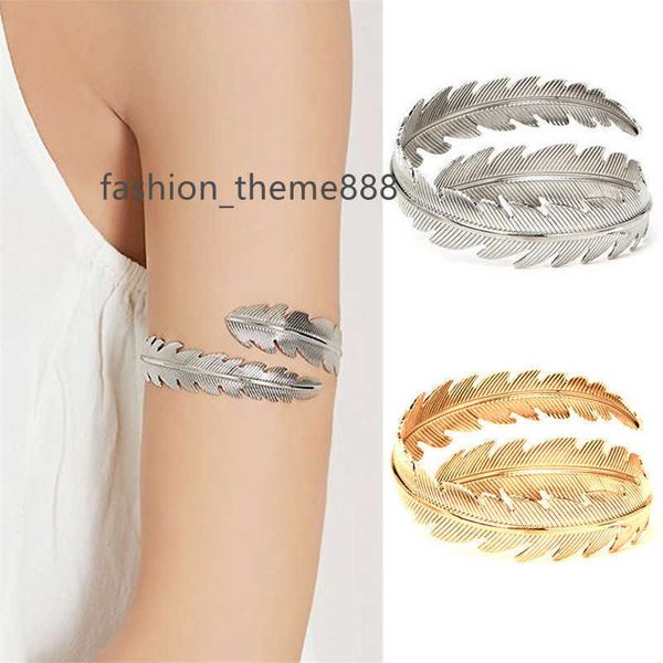 

vintage gold silver color leaf feather swirl snake arm cuff armlet armband big bangle for women bracelet jewelry q0719, Black