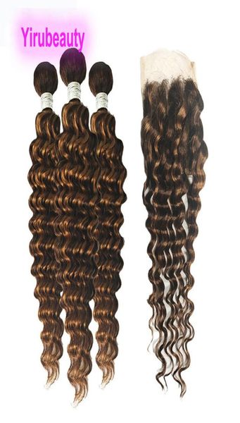 

brazilian human hair p427 deep wave 3 bundles with 4x4 lace closure baby hair piano color7399672, Black;brown
