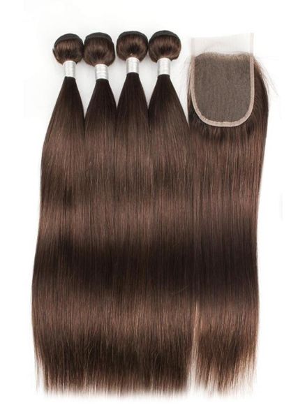 

kisshair 4 bundles with 44 lace closure color 4 dark brown brazilian straight virgin hair weave bundles8756594, Black;brown